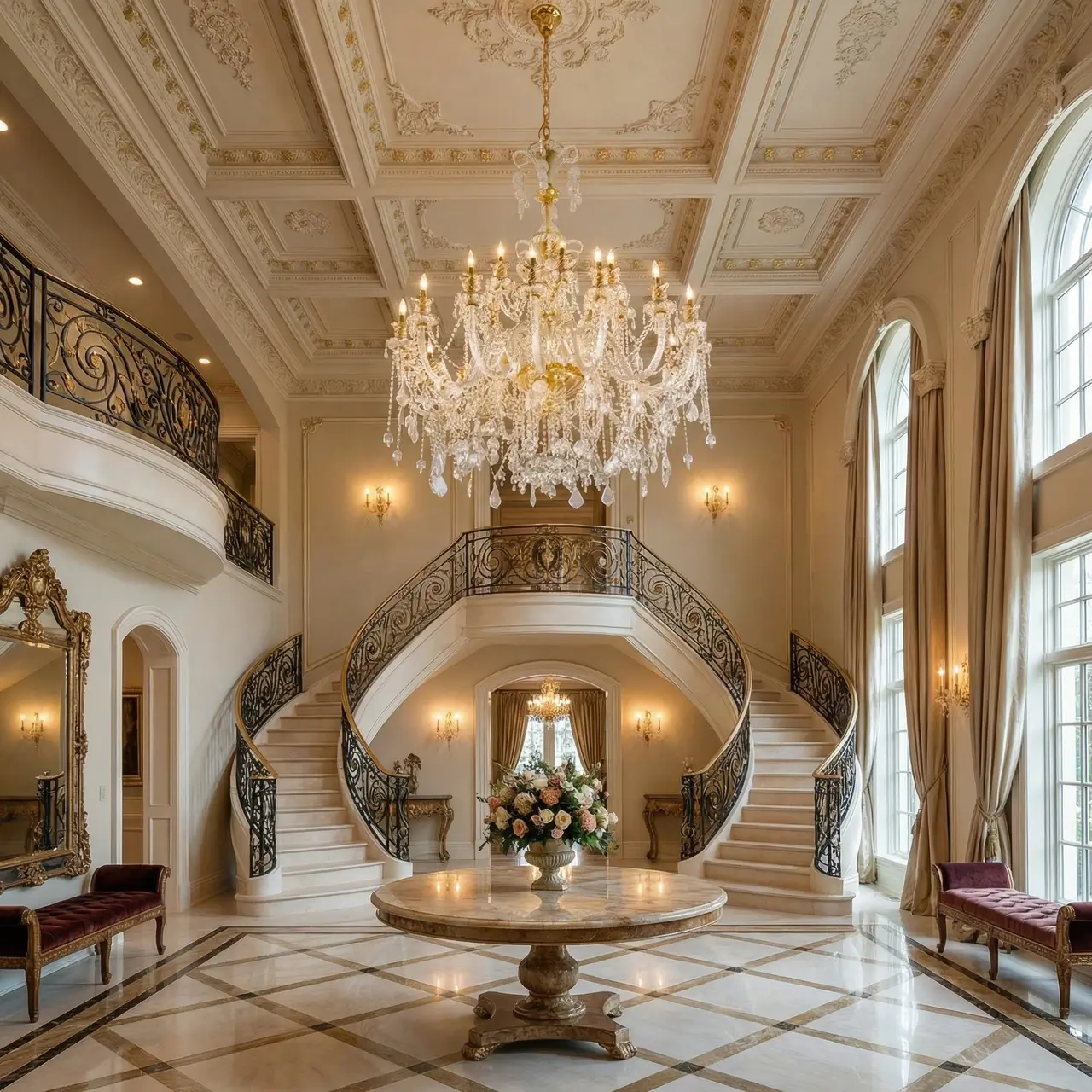 Lustre de cristal em hall clássico